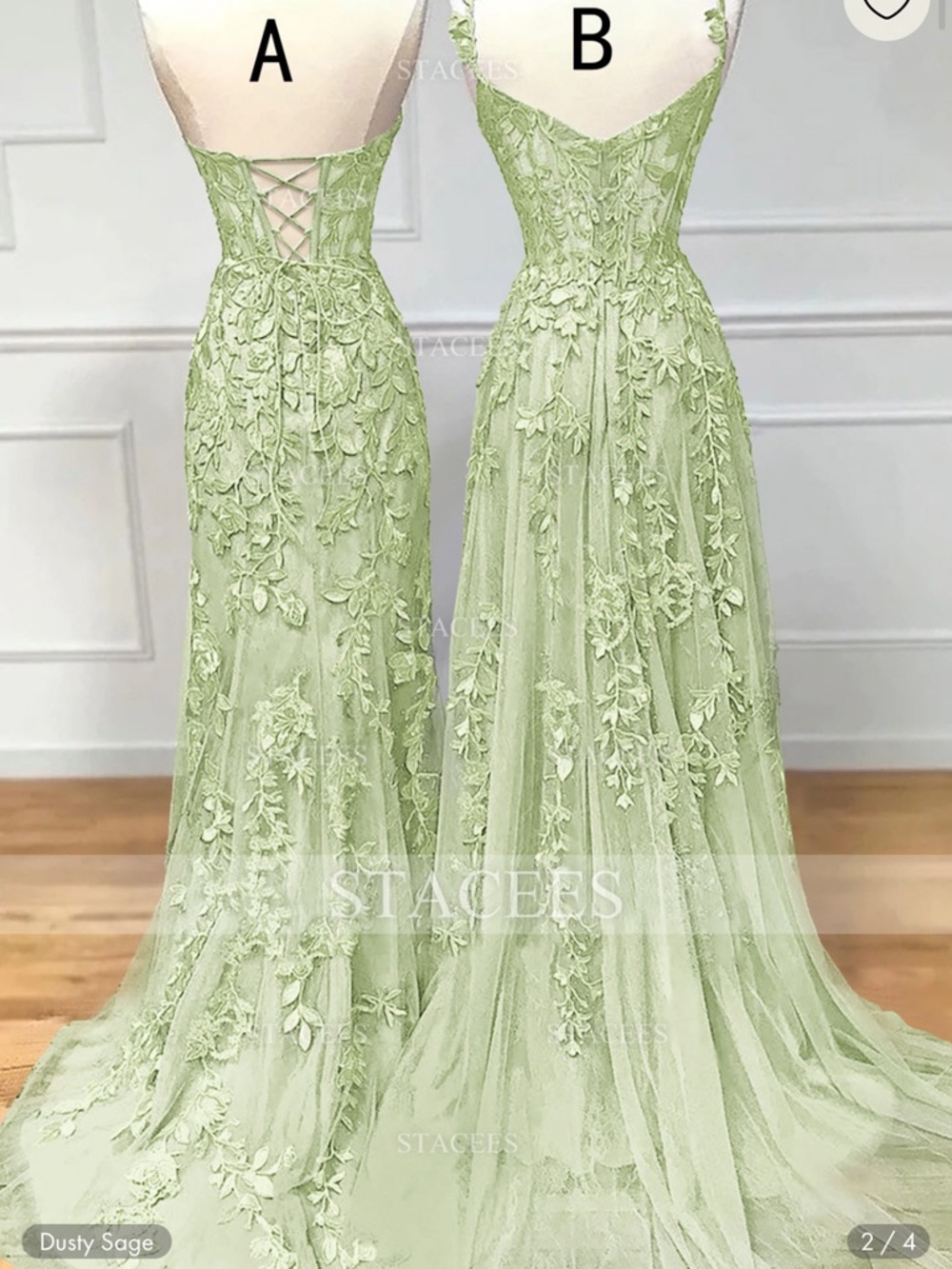 Stacees Dusty Sage Backless Lace Appliqué Evening Gown (style A)